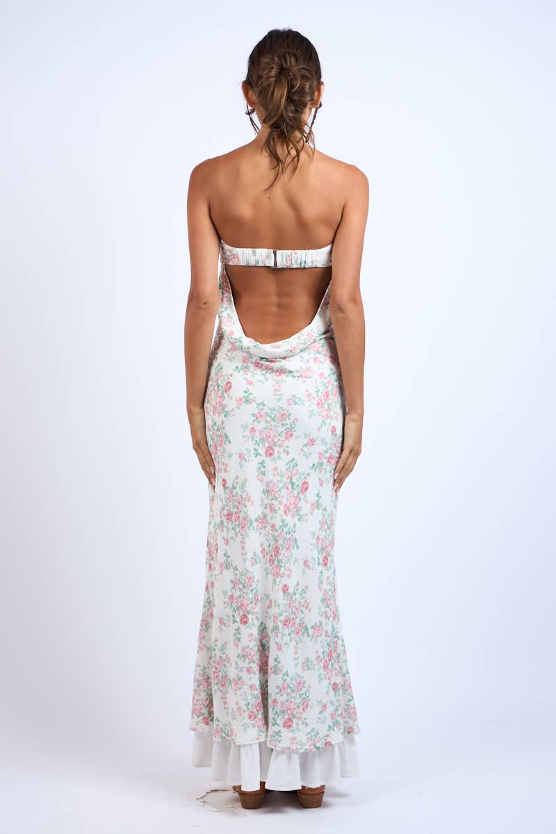 PINK FLORAL POINT RUFFLE BODYCON TUBE MAXI DRESS: Lovely Florals SM-D20749E