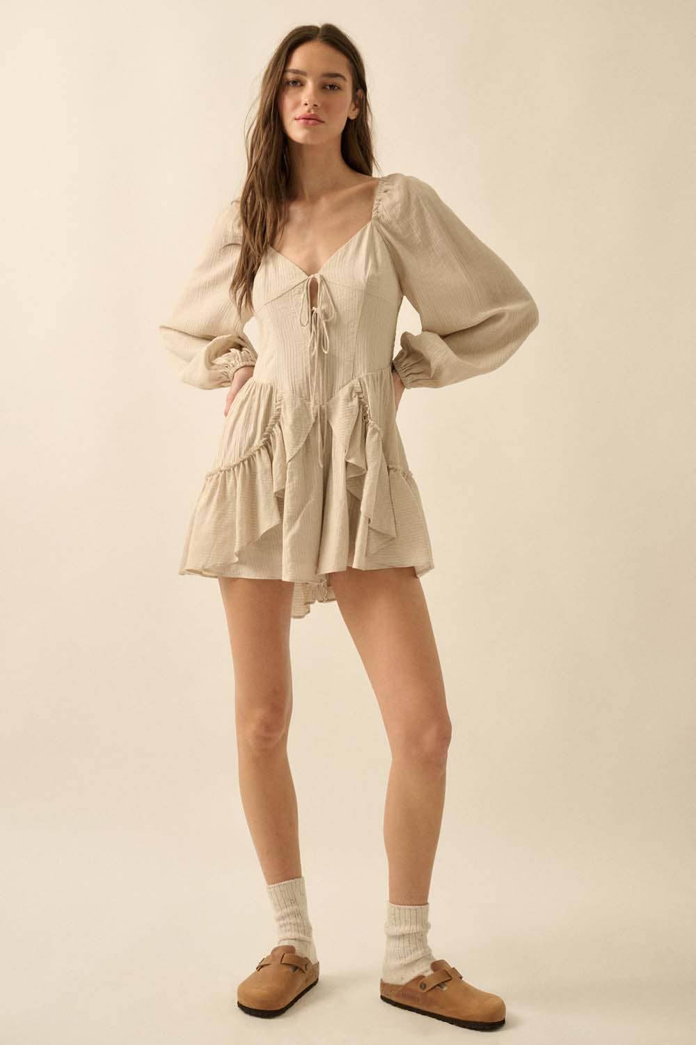Tonal-Stripe Ruffled Tie-Front Peasant Romper: OATMEAL / NPC2301