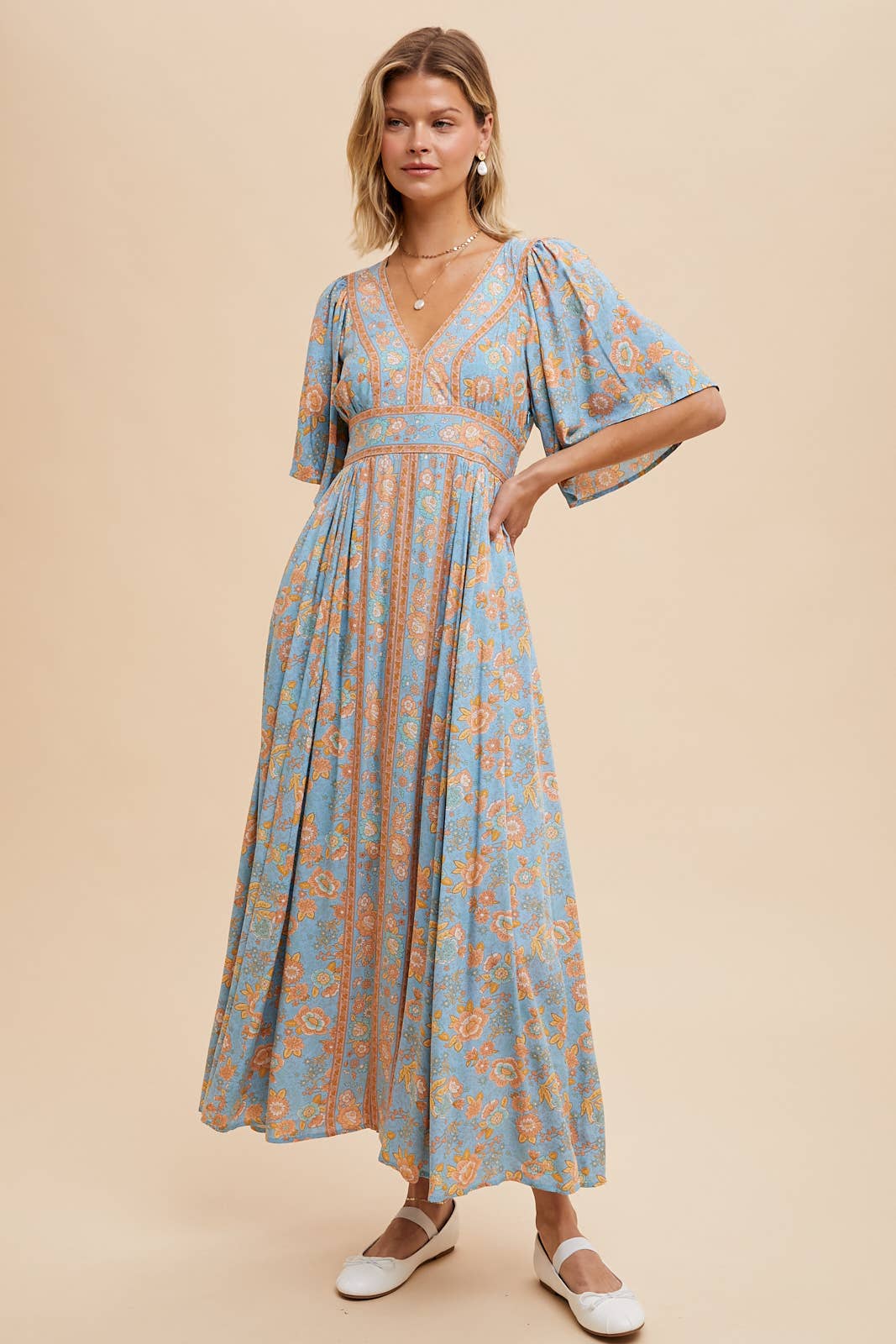 BORDER PRINT FLUTTER SLEEVE MAXI: MIDNIGHT / ILD5756