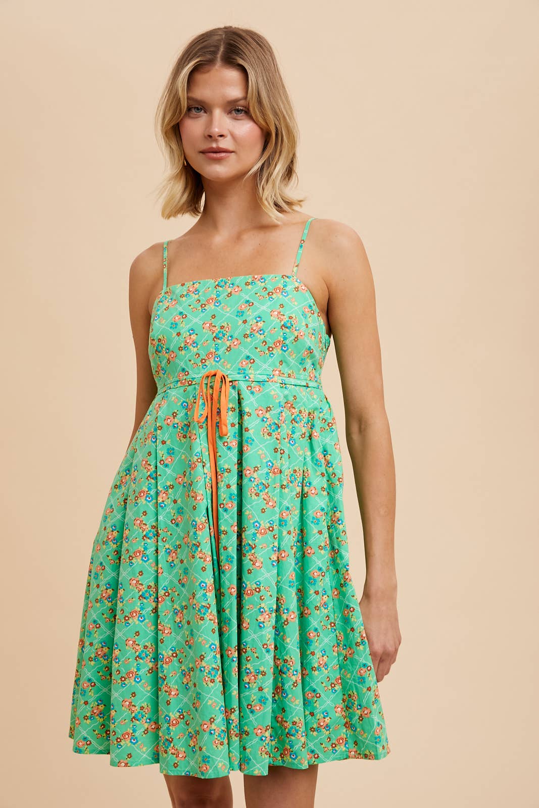 COTTON FLORAL SKATER DRESS: GREEN FLORAL / ILD5788