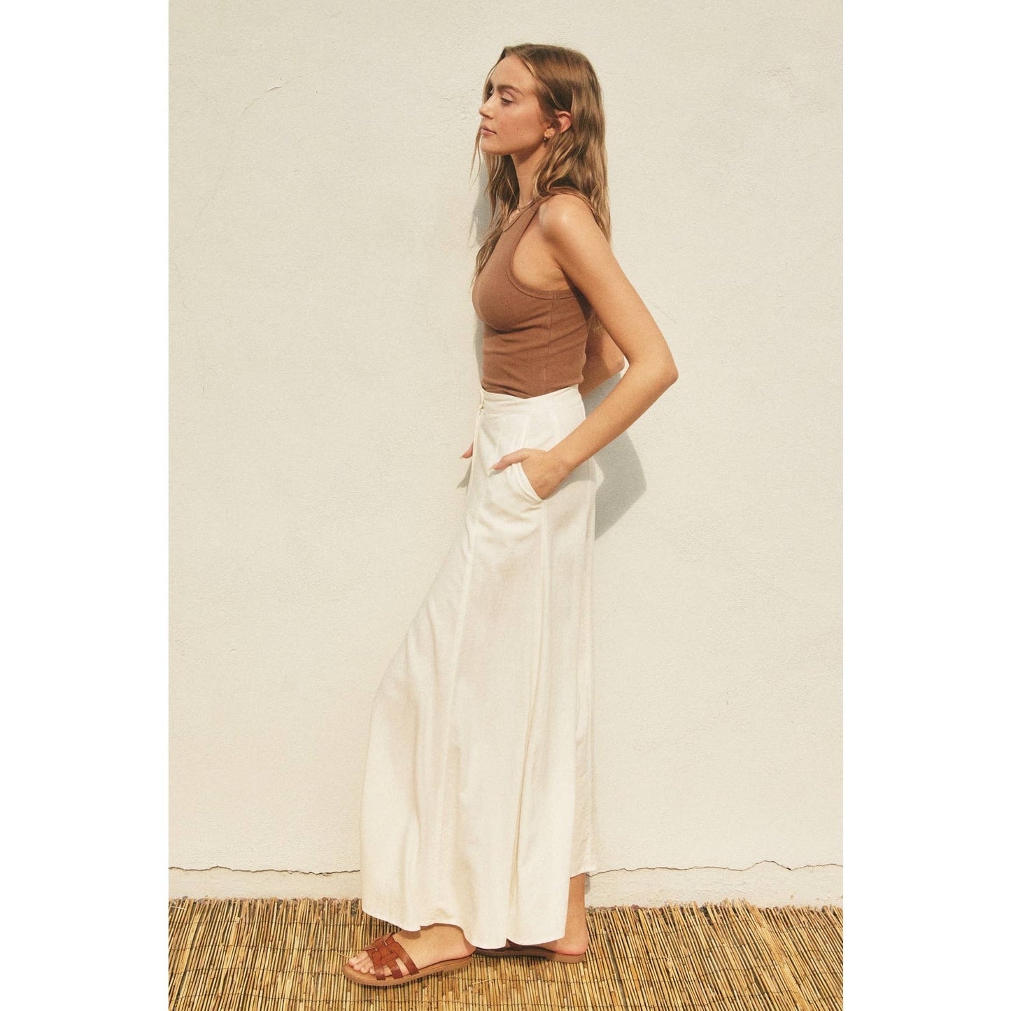 FS11499-P1465 Cotton Linen Blend Maxi Skirt: OATMEAL