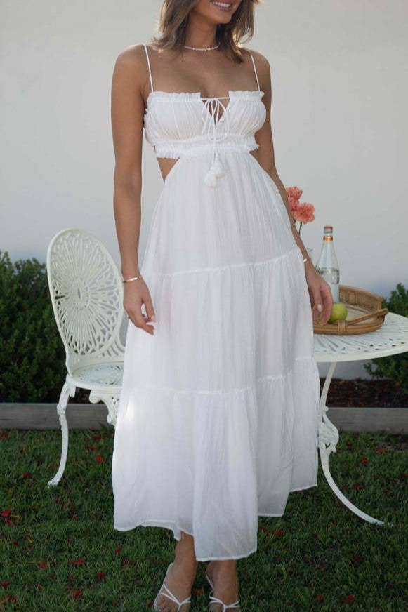 Solid bandeau strap backless swing maxi tiered dress: Blue / RCJY00340-Blue