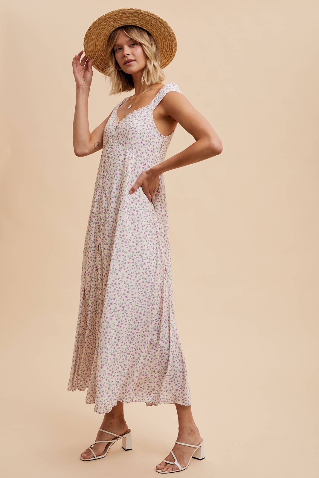 VISCOSE BUTTON DOWN FLORAL DRESS: LAVENDER / ILD5692