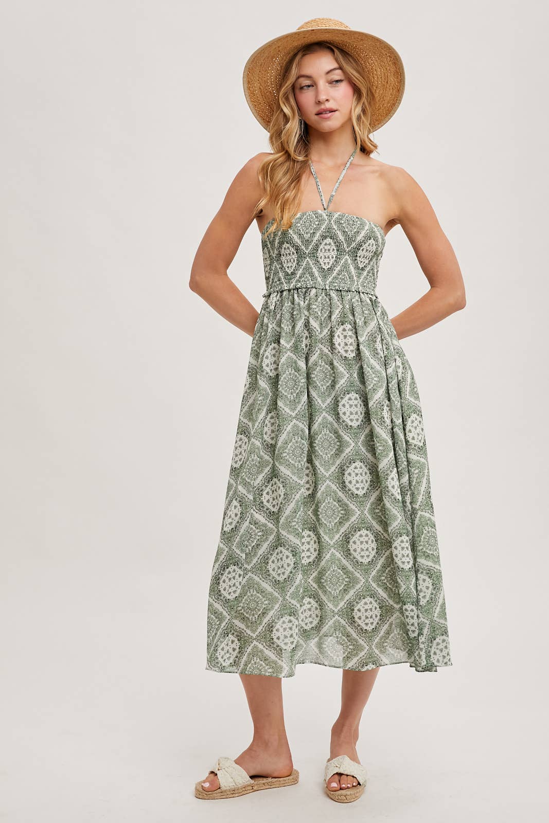GEO PRINT SMOCKED HALTER DRESS: Green D02355