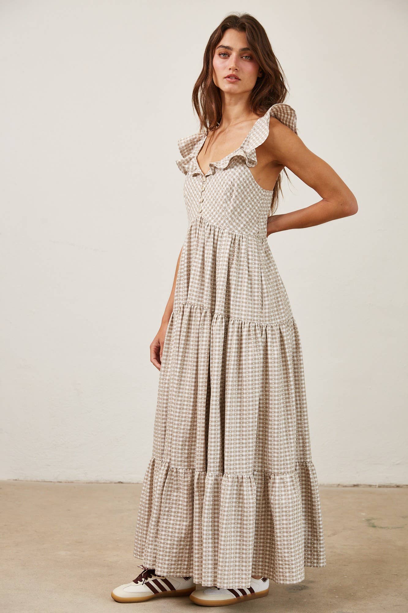 Heart Gingham Print Button Down Ruffle Maxi Dress: MOCHA / MD2567