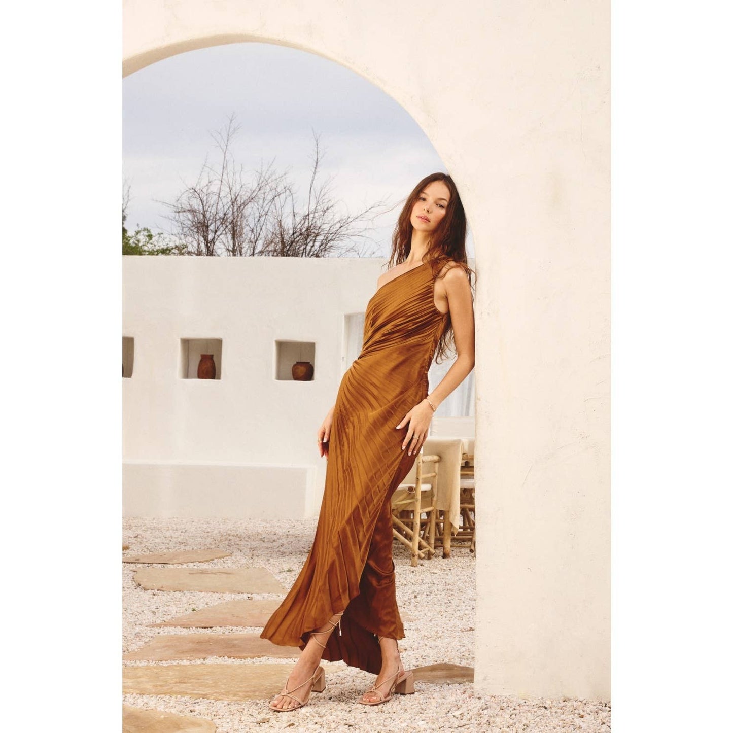 Olympia Asymmetrical Pleated Maxi Dress : BLUE SAPPHIRE