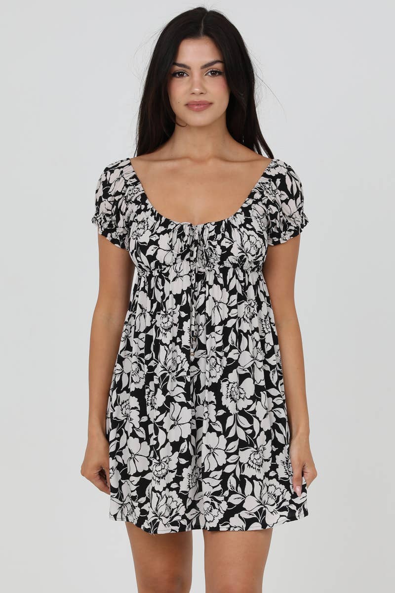 C4A28-FQ80 PUFF SLEEVE PRINTED DRESS