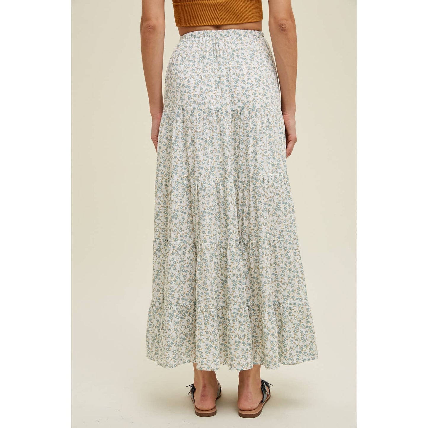FLORAL TIERED MAXI SKIRT WITH DRAWSTRING / WL24-8678: D.SAGE