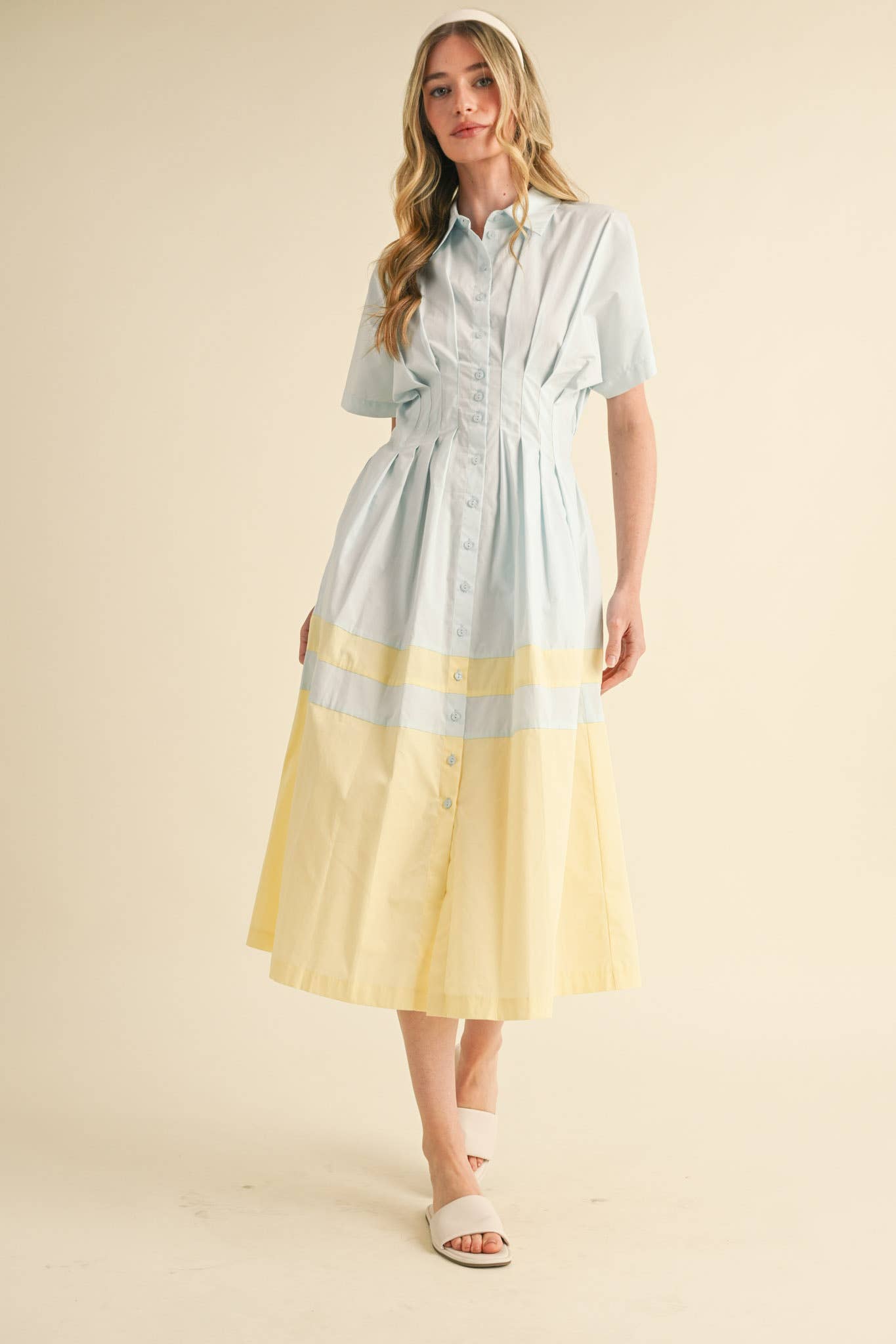 BUTTON DOWN PLEATED WAIST COLOR BLOCK MIDI DRESS MDR3556