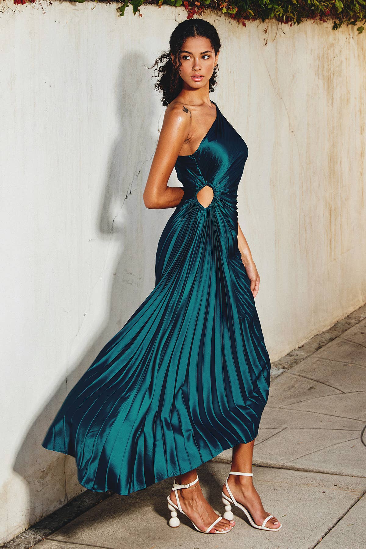 Olympia Asymmetrical Pleated Maxi Dress : BLUE SAPPHIRE