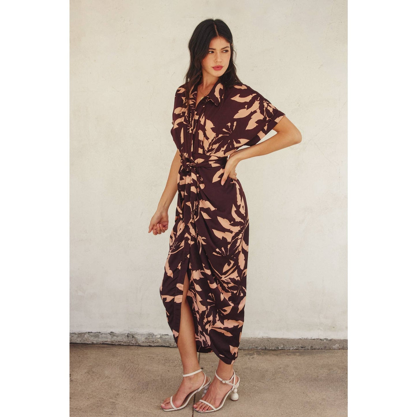 Rhythm Of Silence Ruched Shirt Dress: DRIED PALM / FD12266-P1789