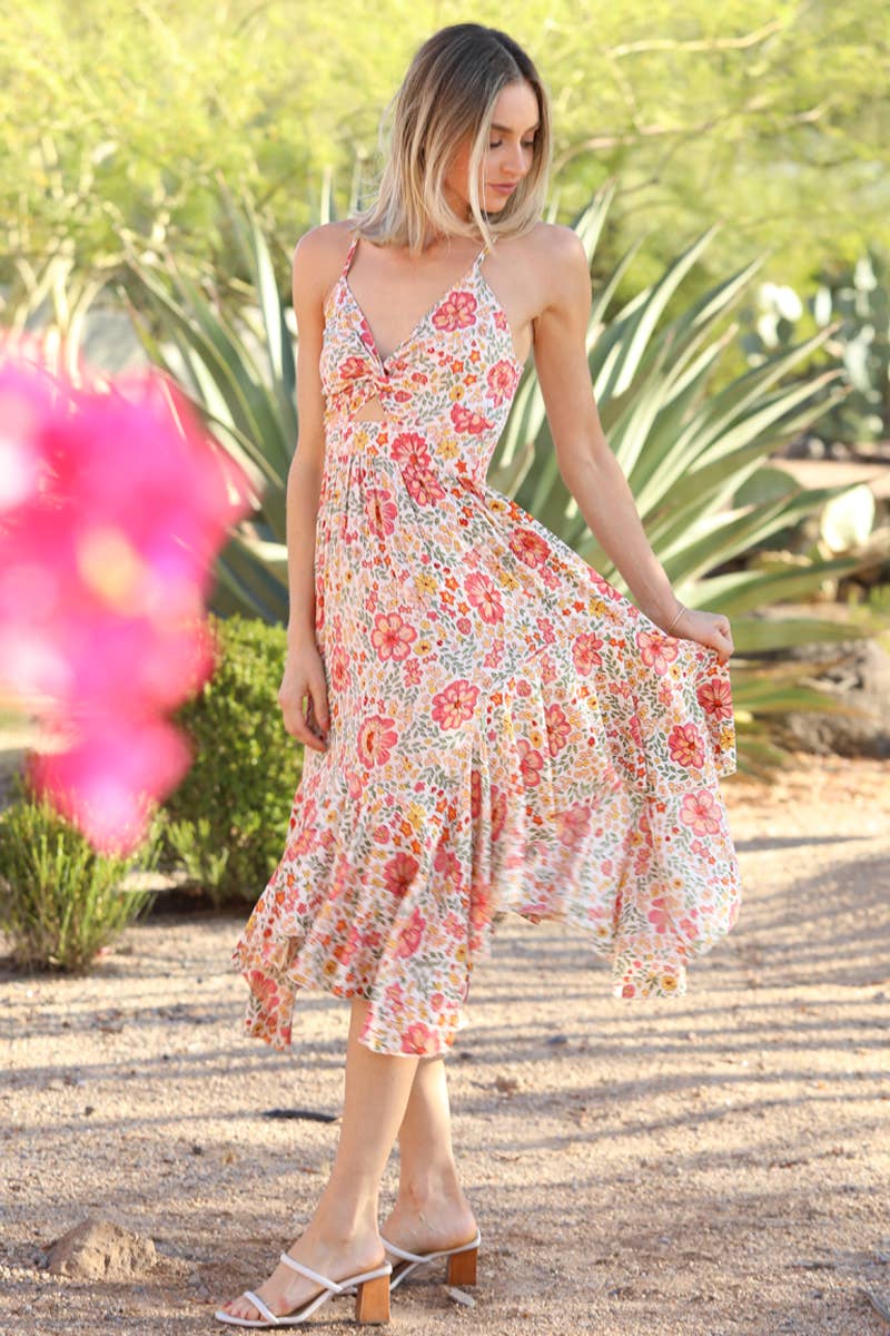H4519-WA34 V NECK HANKY HEM TWIST FRONT SUNDRESS