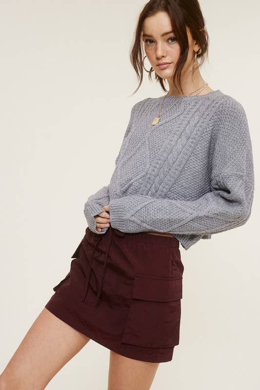 MT1506 CREWNECK CABLE-KNIT LONG SLEEVE CROPPED SWEATER: Brown