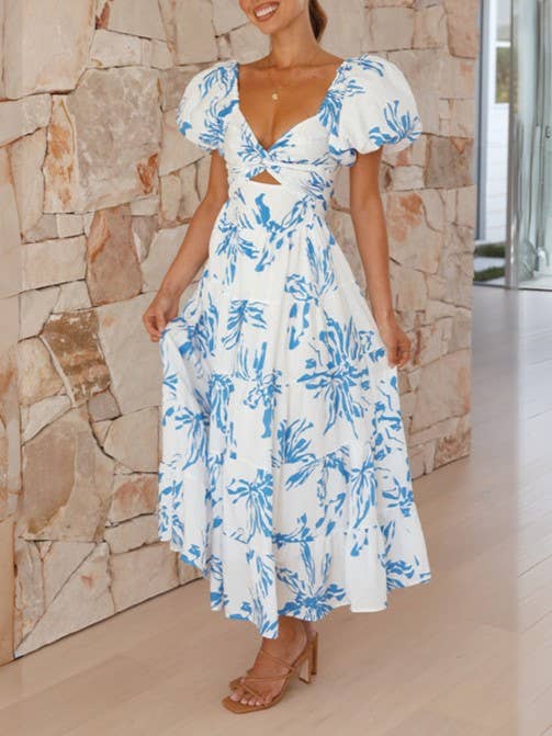 Puff off the shoulder twist floral prairie maxi dress: Yellow / RCJY00262-Yellow
