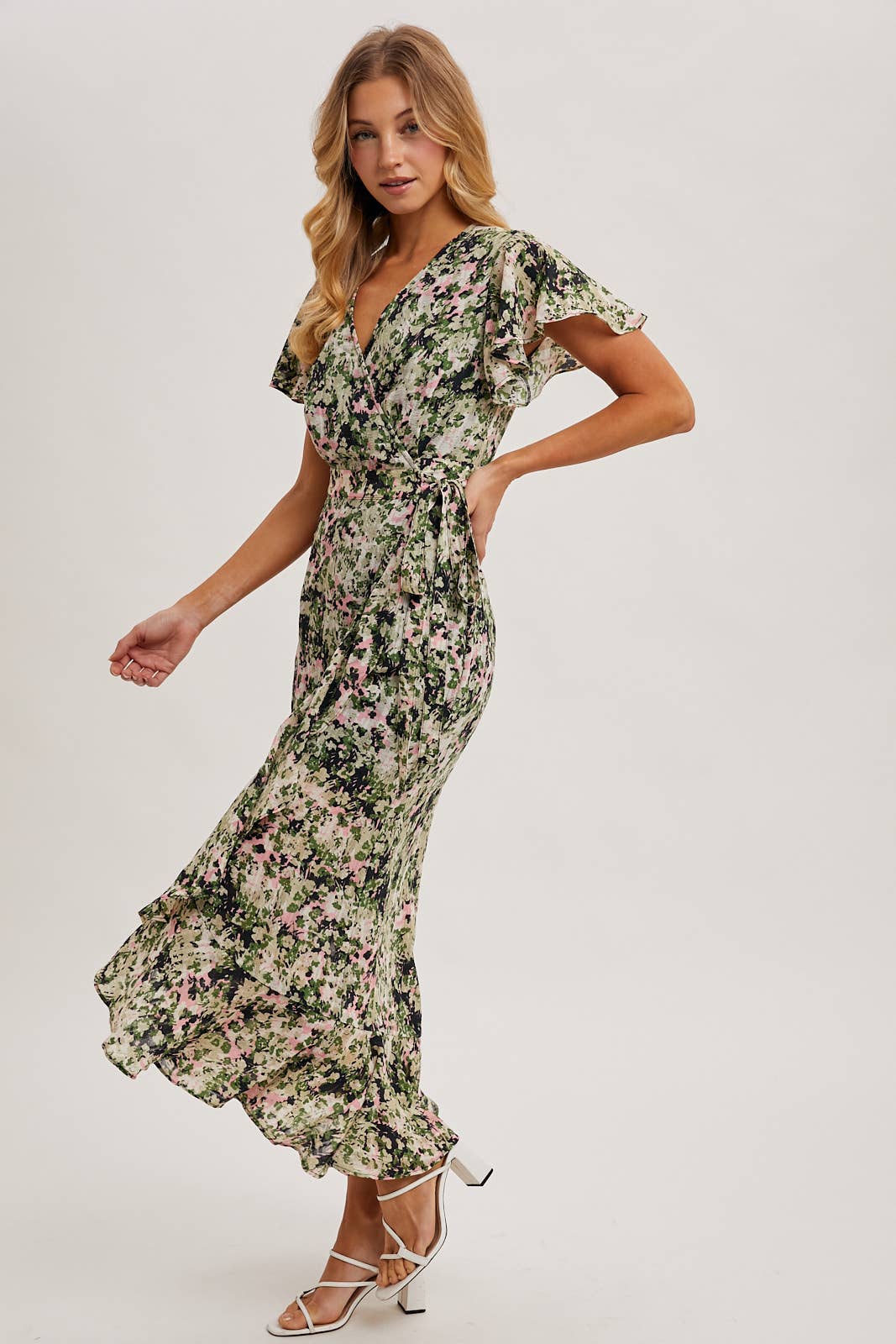 FLORAL PRINT WRAP RUFFLED MIDI DRESS: BLUE D02356