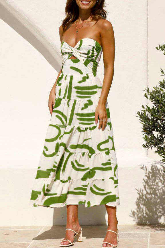 Twist front tube top swing maxi dress: Green / RCJY00395-Green