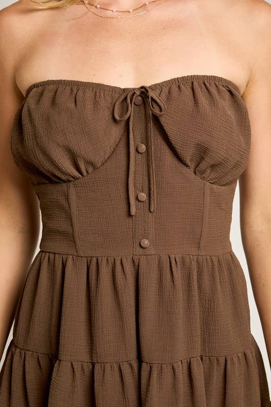 Strapless Button Down Smocked Back Tiered Dress: Brown / ID4766