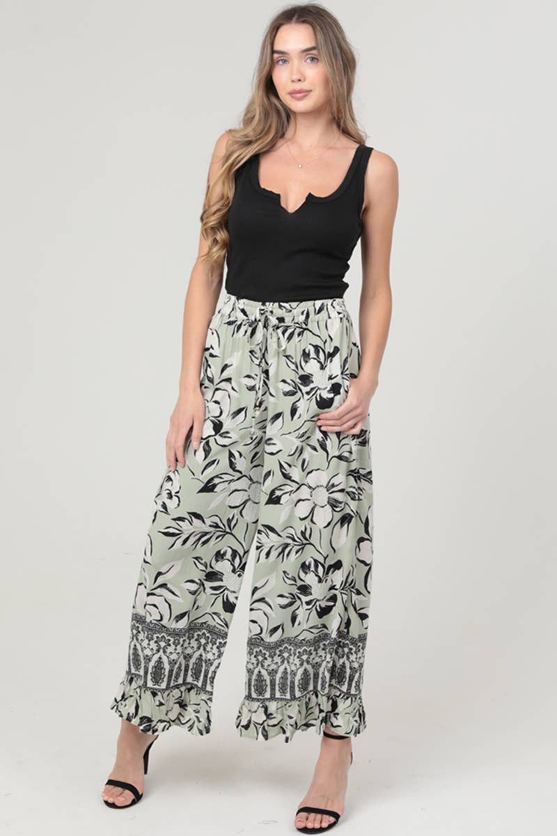 B3717-A933 PRINTED WIDE LEG PANTS: SAGE