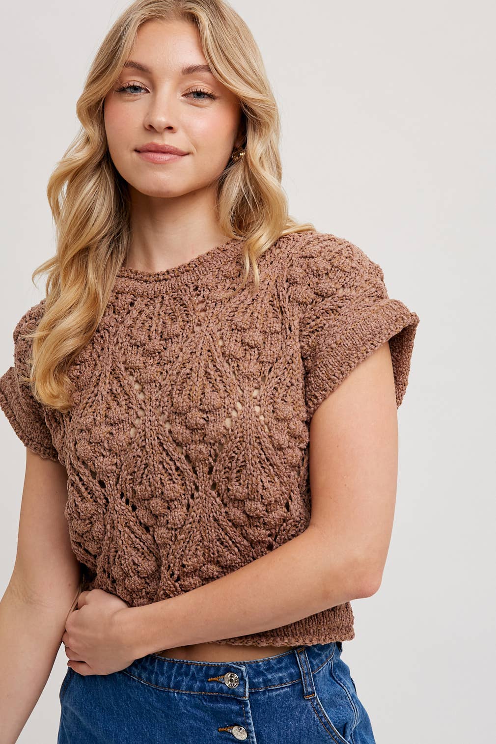 KNIT SWEATER SHORT SLEEVED PULLOVER: NATURAL / T01998