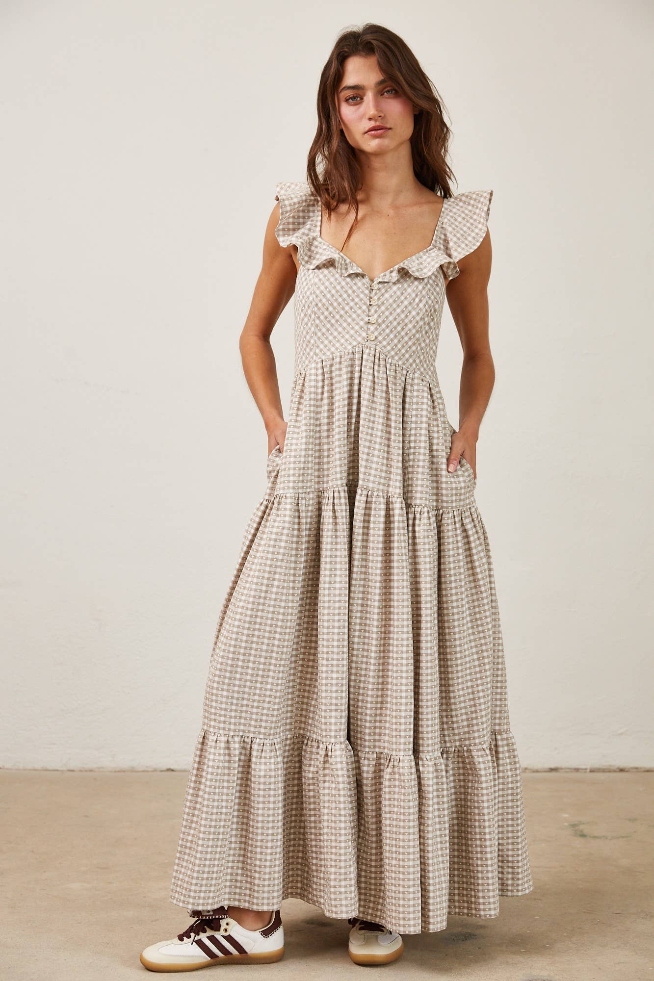 Heart Gingham Print Button Down Ruffle Maxi Dress: MOCHA / MD2567