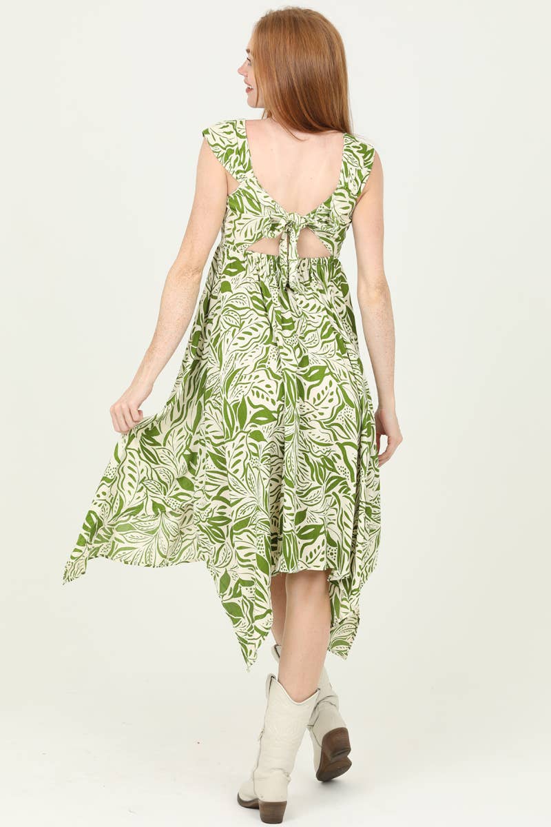 F4K73-FQ81 V NECK HANKY HEM OPEN TIE BACK MID LENGTH DRESS