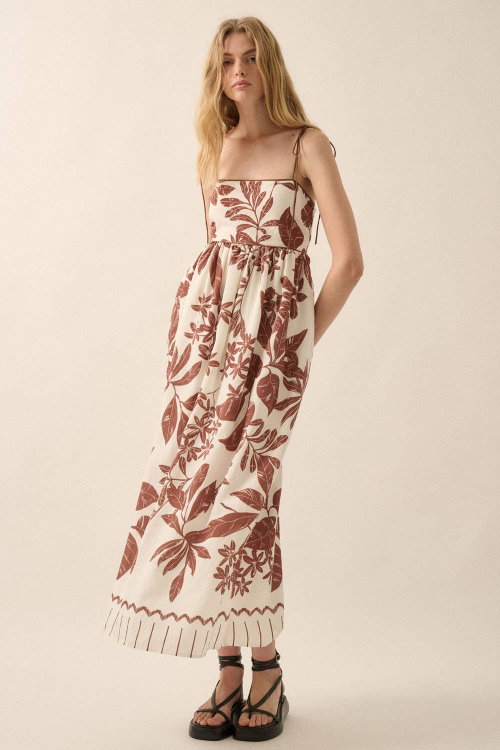 Tropical-Print High-waist Fit-and-Flare Maxi Dress: BLACK / YDC1828C