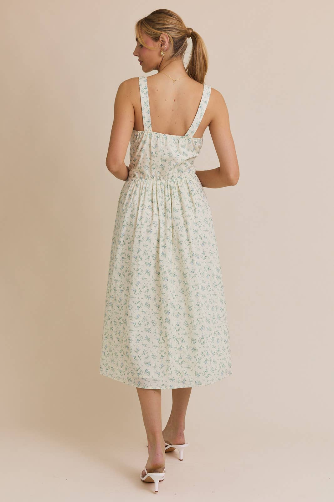 SQUARE NECK SLEEVELESS LINEN MIDI DRESS: CREAM-BLUE FLORAL / MD10126-1