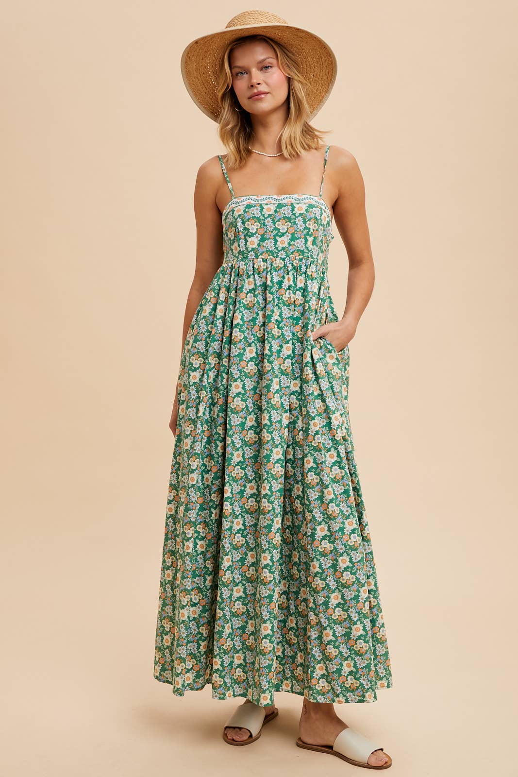 EMBROIDERED COTTON PRINT MAXI DRESS: GREEN FLORAL / ILD5705