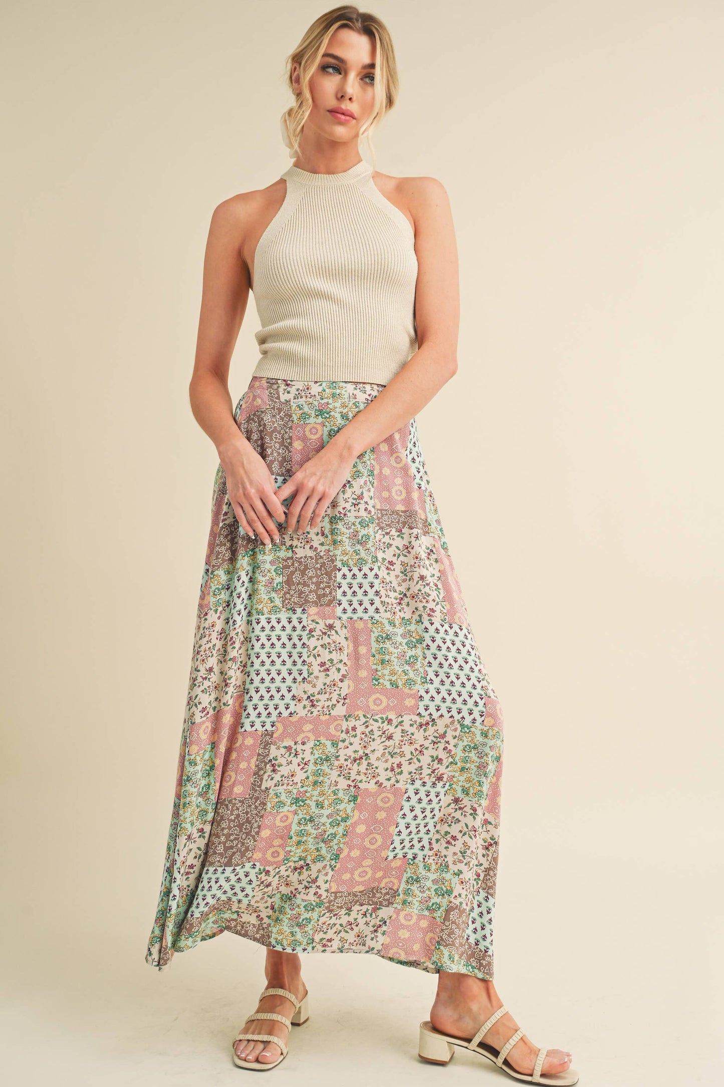 773DN-C6 Bradyn Patchwork Print Skirt / Mint/Pink