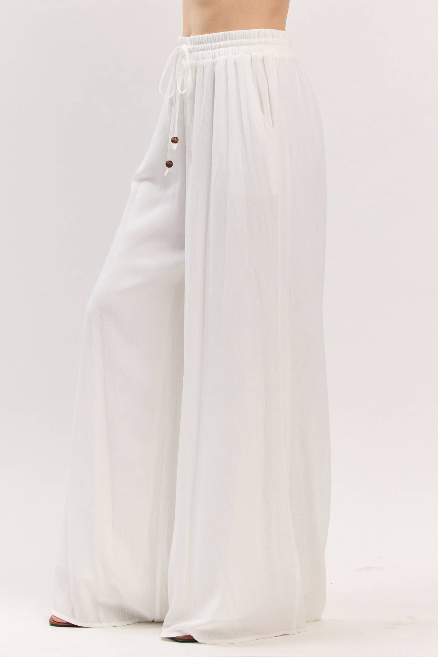 Solid Elastic Waistband Wide Leg Pants - VP3973: Ivory