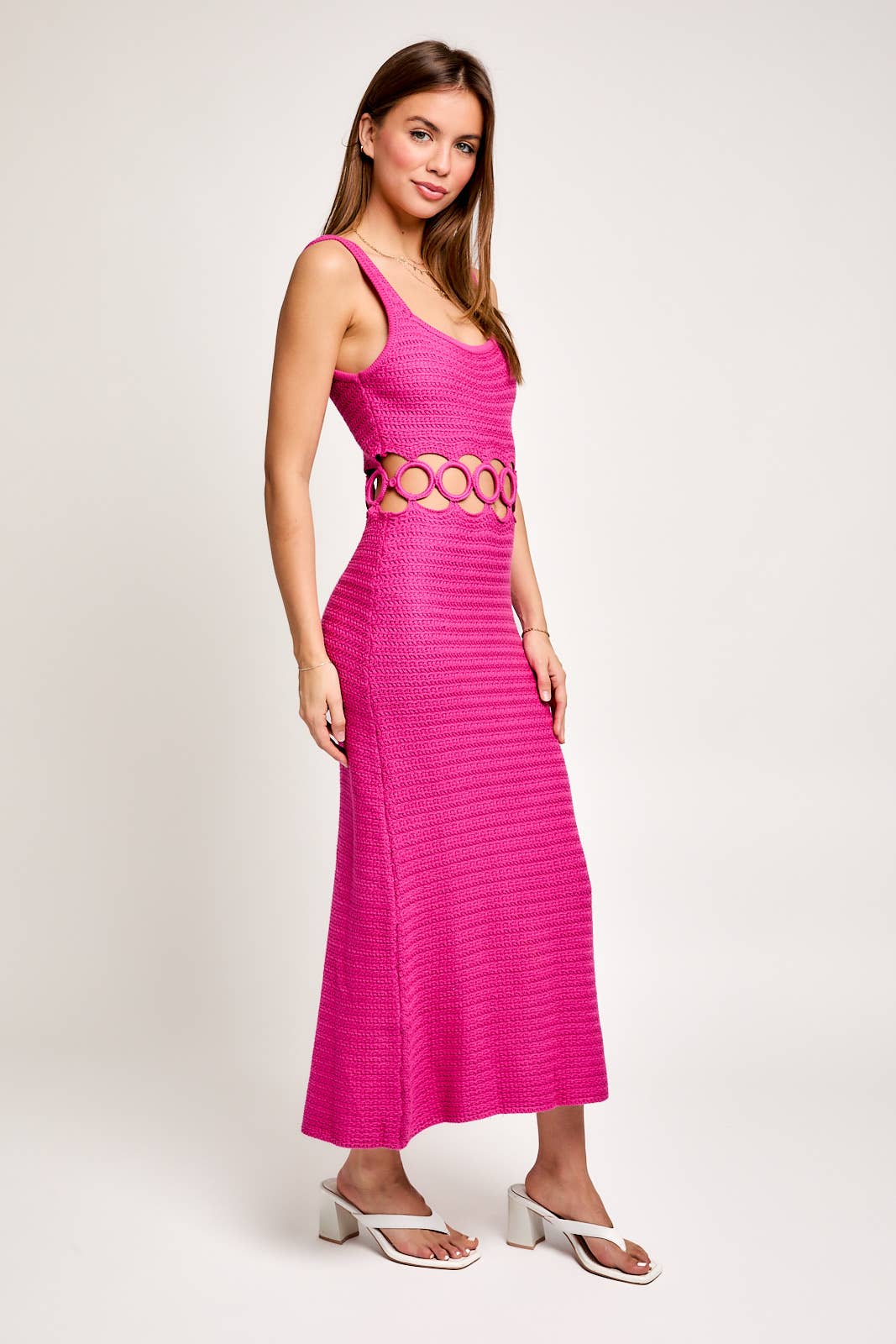 SQUARE NECK SLEEVELESS CROCHET MIDI DRESS: CREAM / MWD6871