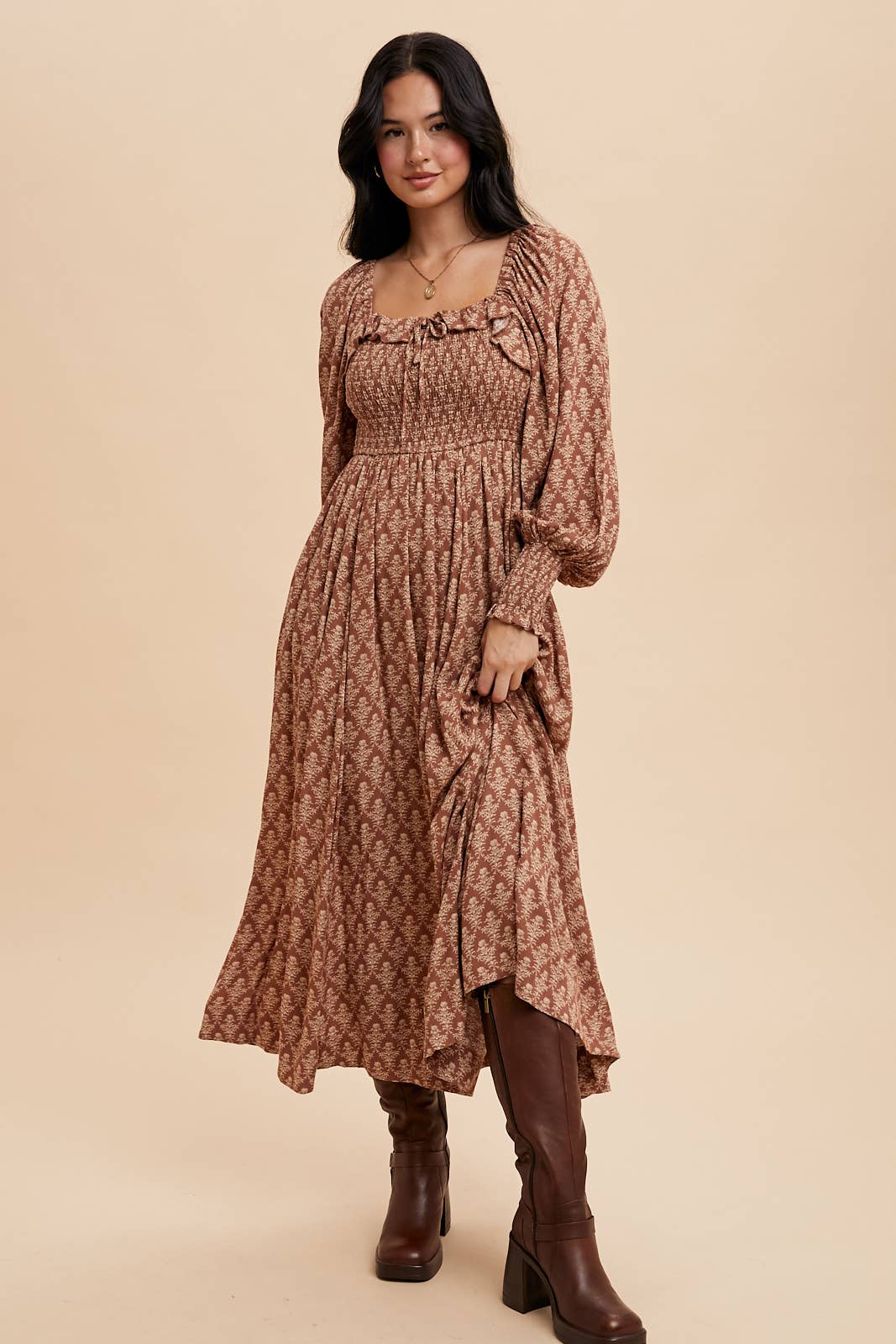 SMOCKED RUFFLED FLORAL MAXI: INDIGO / ILD5970
