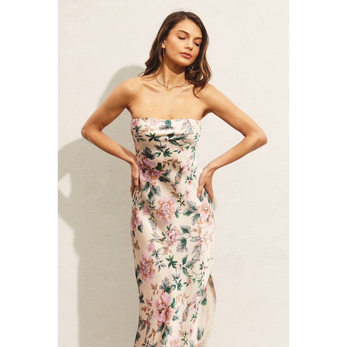 Morning Meadow Strapless Bias Cut Maxi Dress: ECRU/PINK / FD11771-P1076