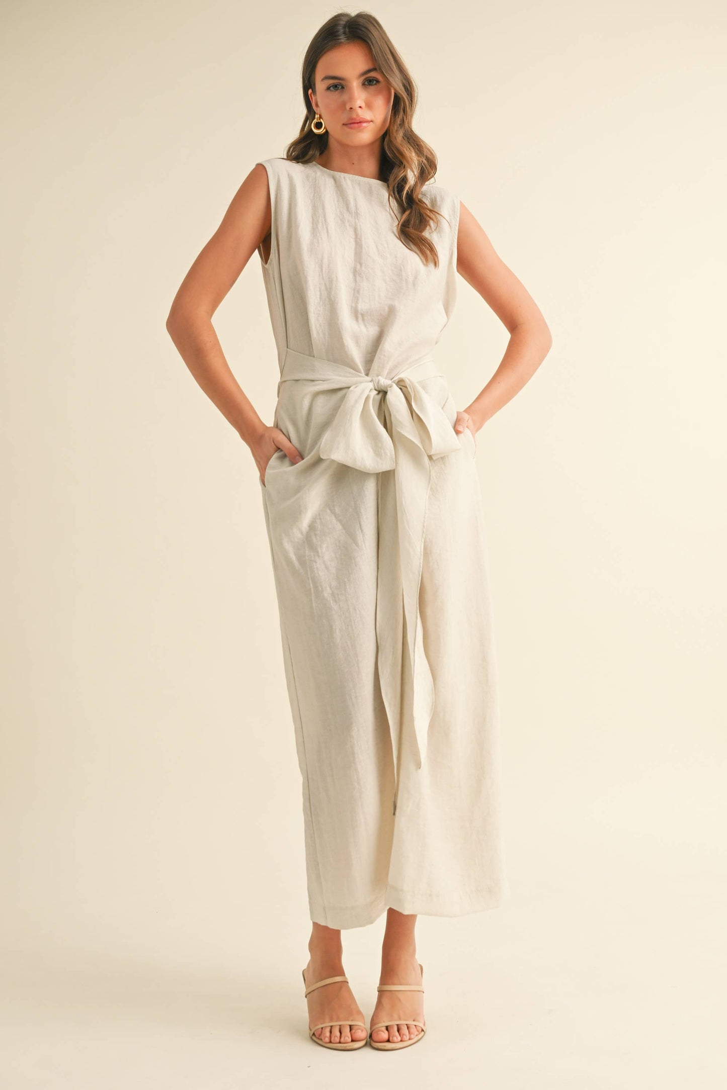 ID8855 MIDI DRESS WITH TIED FRONT DETAIL: NATURAL