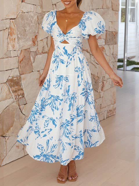 Puff off the shoulder twist floral prairie maxi dress: Yellow / RCJY00262-Yellow