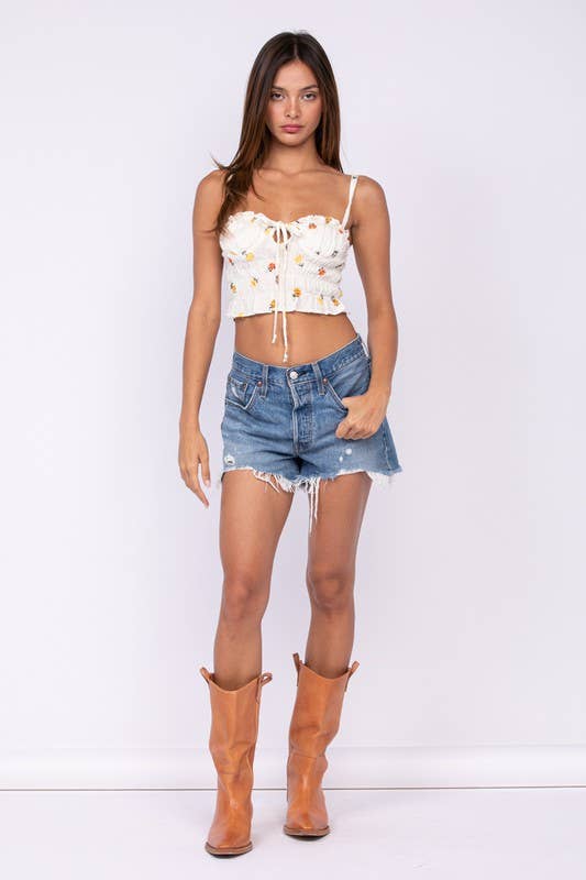 FLORAL SLEEVELESS CORSET STYLE RUFFLE CROP TOP: Joy / SM-T10177B