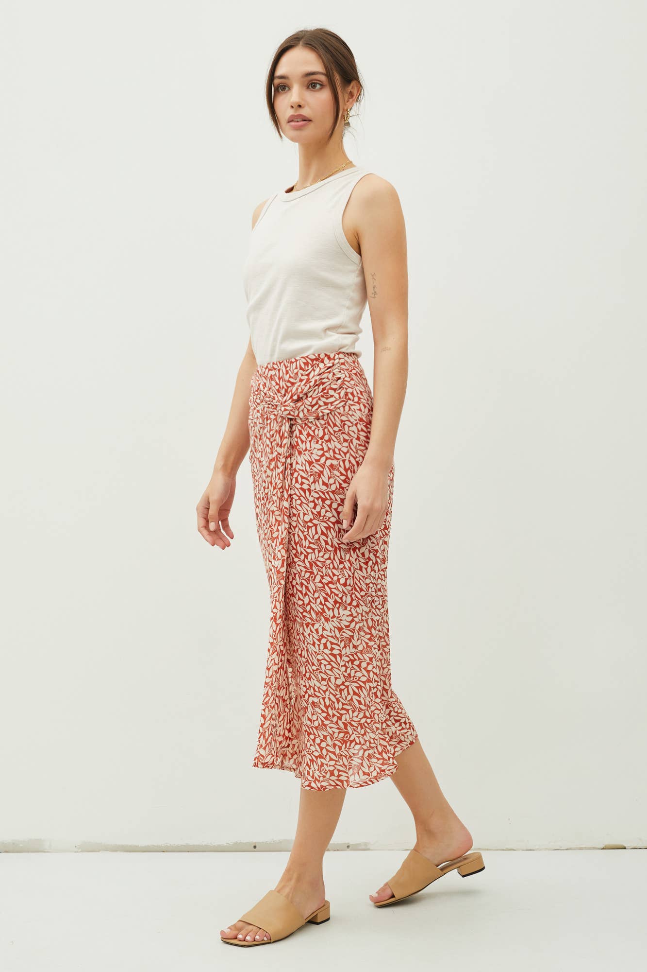 PRINT DRAPED SIDE KNOT MIDI SKIRT: Sea Green / 71106