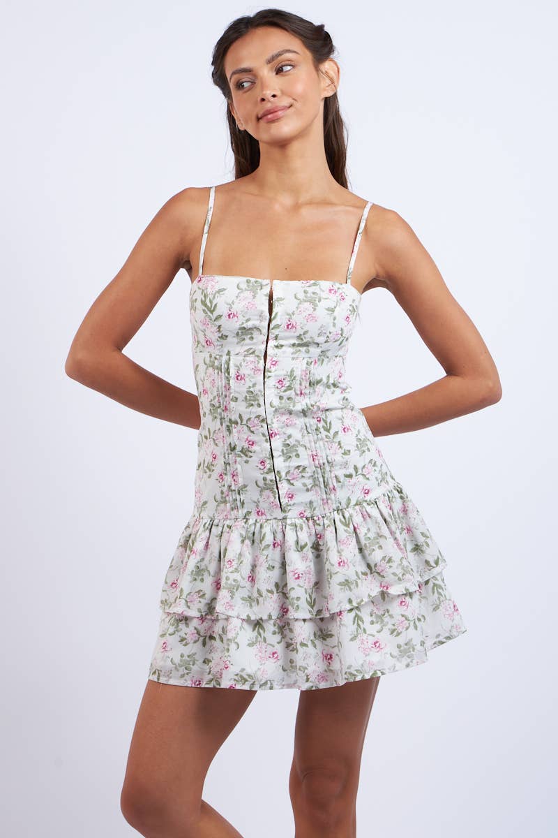 MINT-PINK FLORAL HOOK&EYES LAYERED MINI DRESS: Mint Pink Floral / SM-D20748E