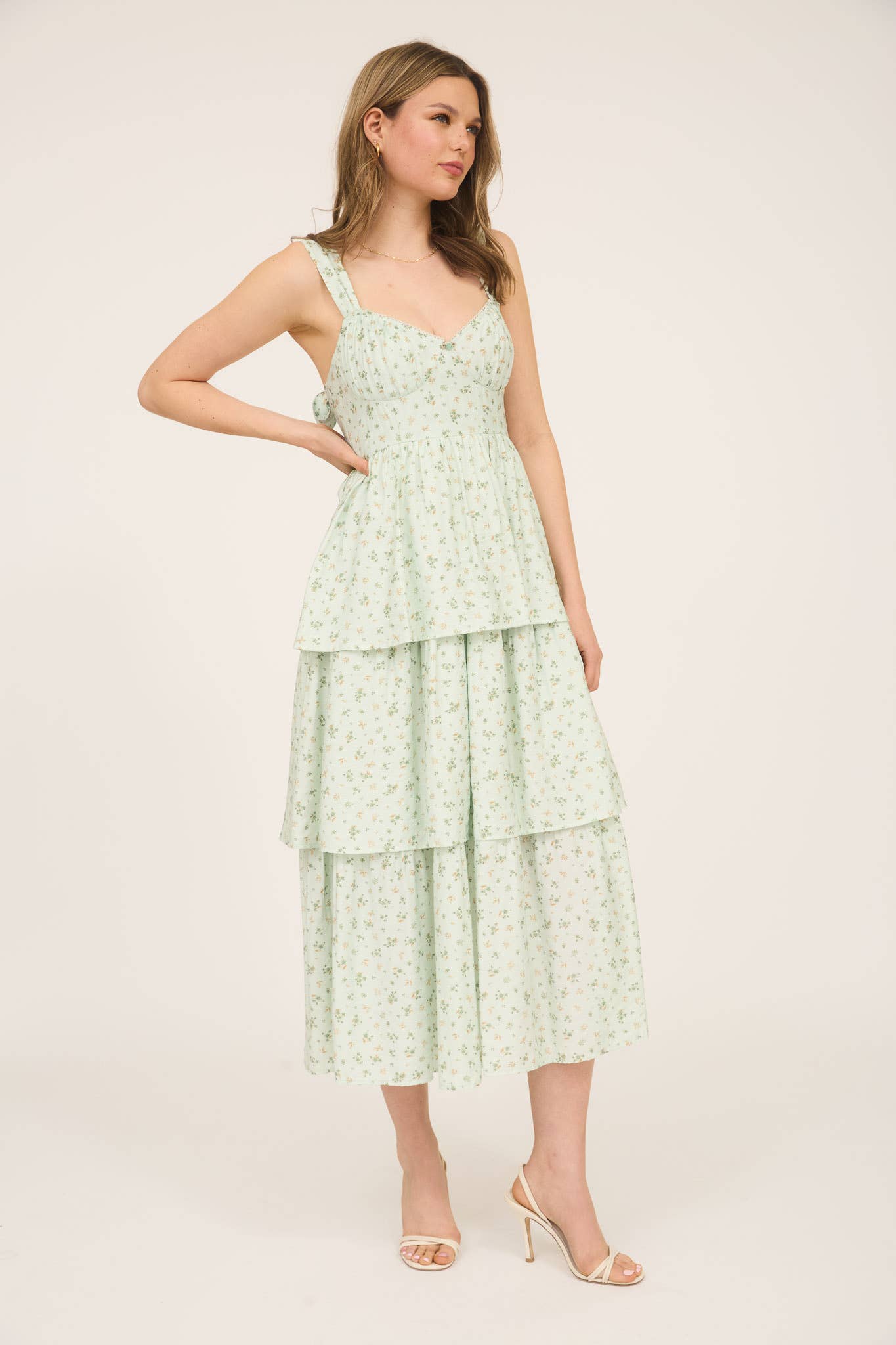 FLORAL SLEEVELESS CORSET RUFFLE TIERED MIDI DRESS: BLUE TB8824