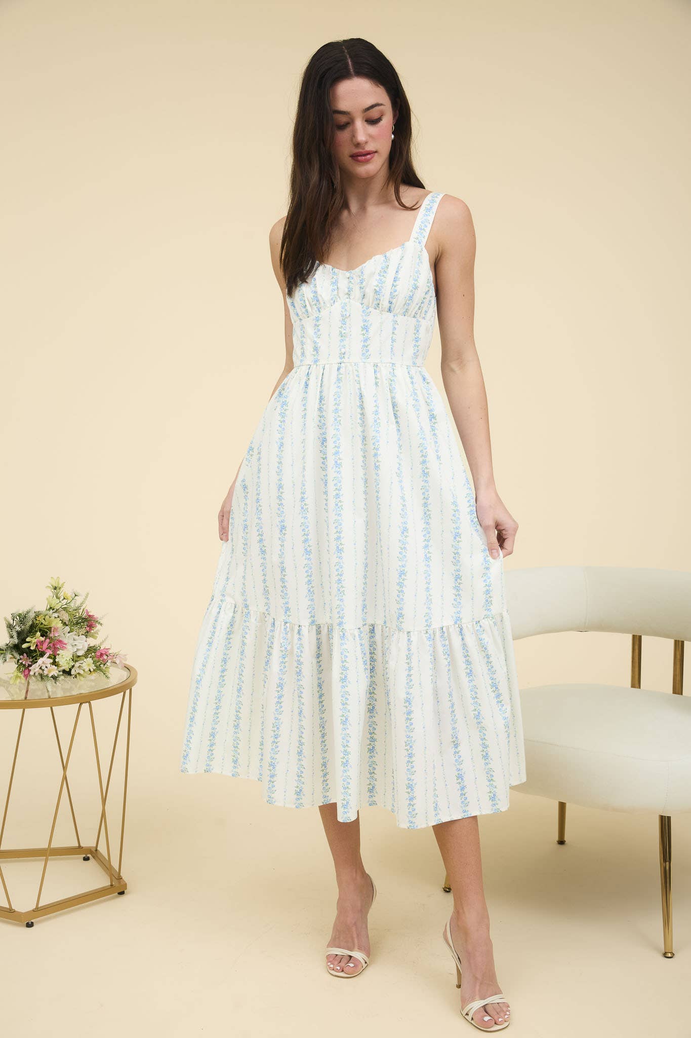 FLORAL STRIPE BUTTON DETAIL MAXI DRESS: BLUE B5SD1045