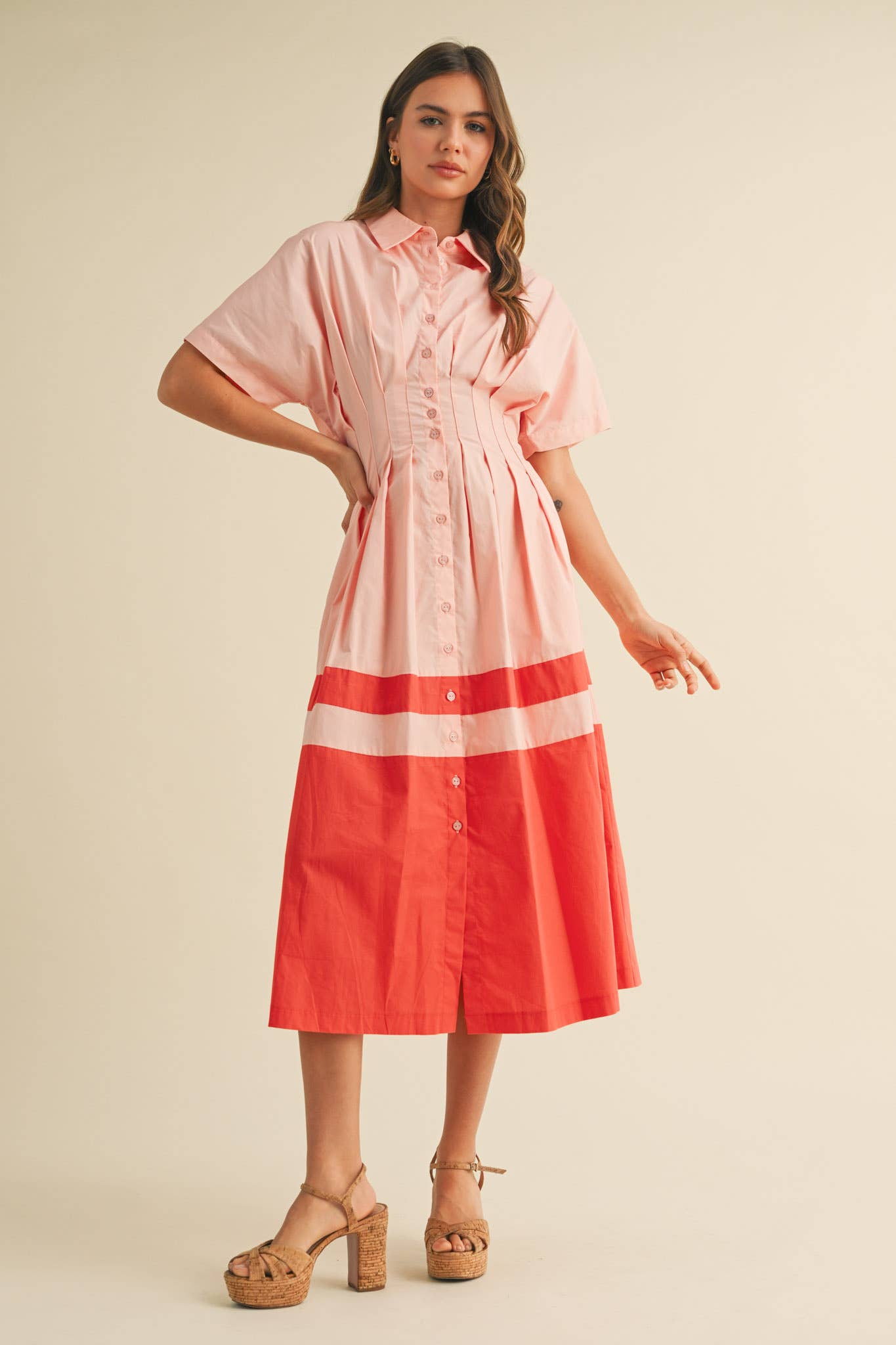 BUTTON DOWN PLEATED WAIST COLOR BLOCK MIDI DRESS MDR3556