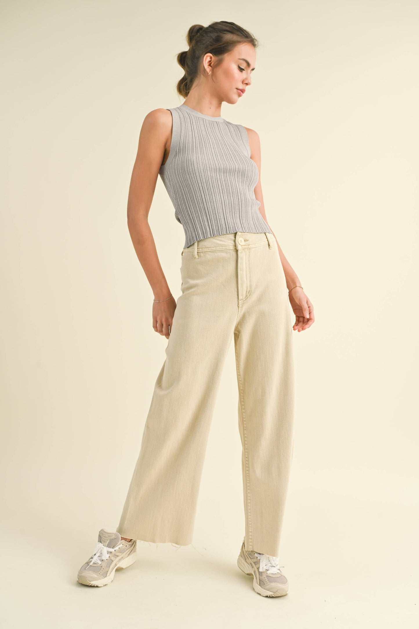 MMP623 STRAIGHT WIDE LEG DENIM PANTS: Brown