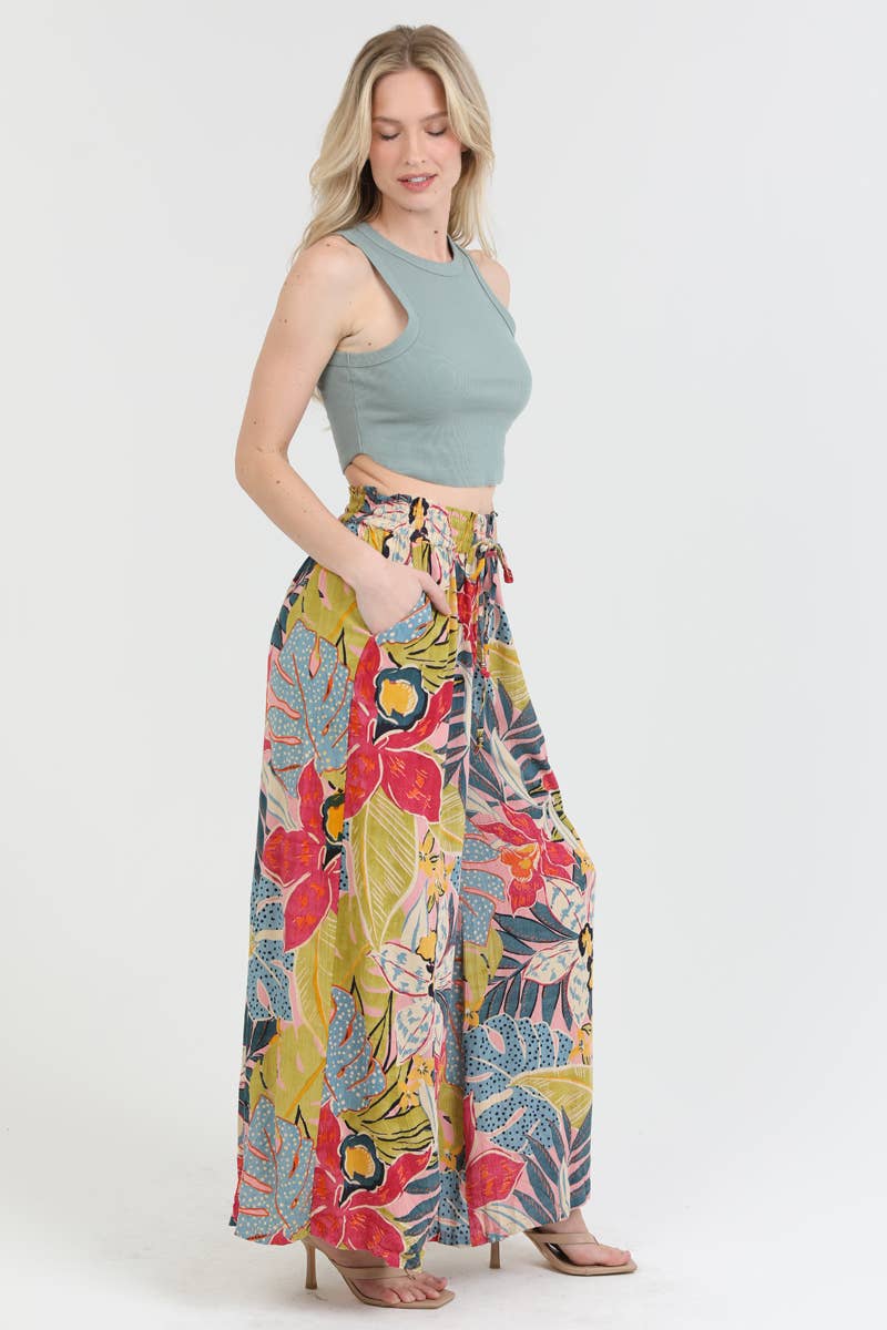 25T20-A865 TROPICAL PRINT WIDE LEG SMOCKED WAIST PANTS