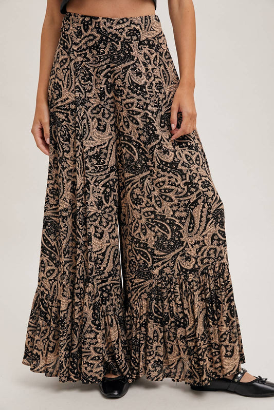 PAISLEY PRINT WIDE RUFFLED PANTS: Black / B02250