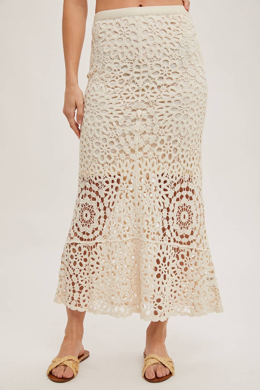 CROCHET MIDI SKIRT WITH LINING: NATURAL / B02609