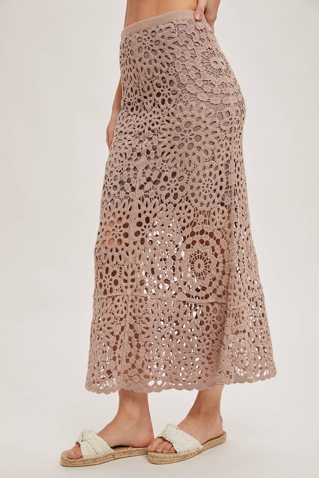 CROCHET MIDI SKIRT WITH LINING: NATURAL / B02609