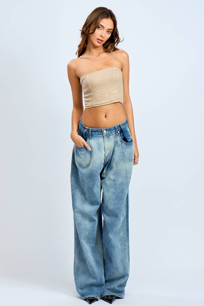 LINEN CORSET STYLE BACK CROSSED TIE TUBE CROP TOP: Hazel Wood / SM-T10264A