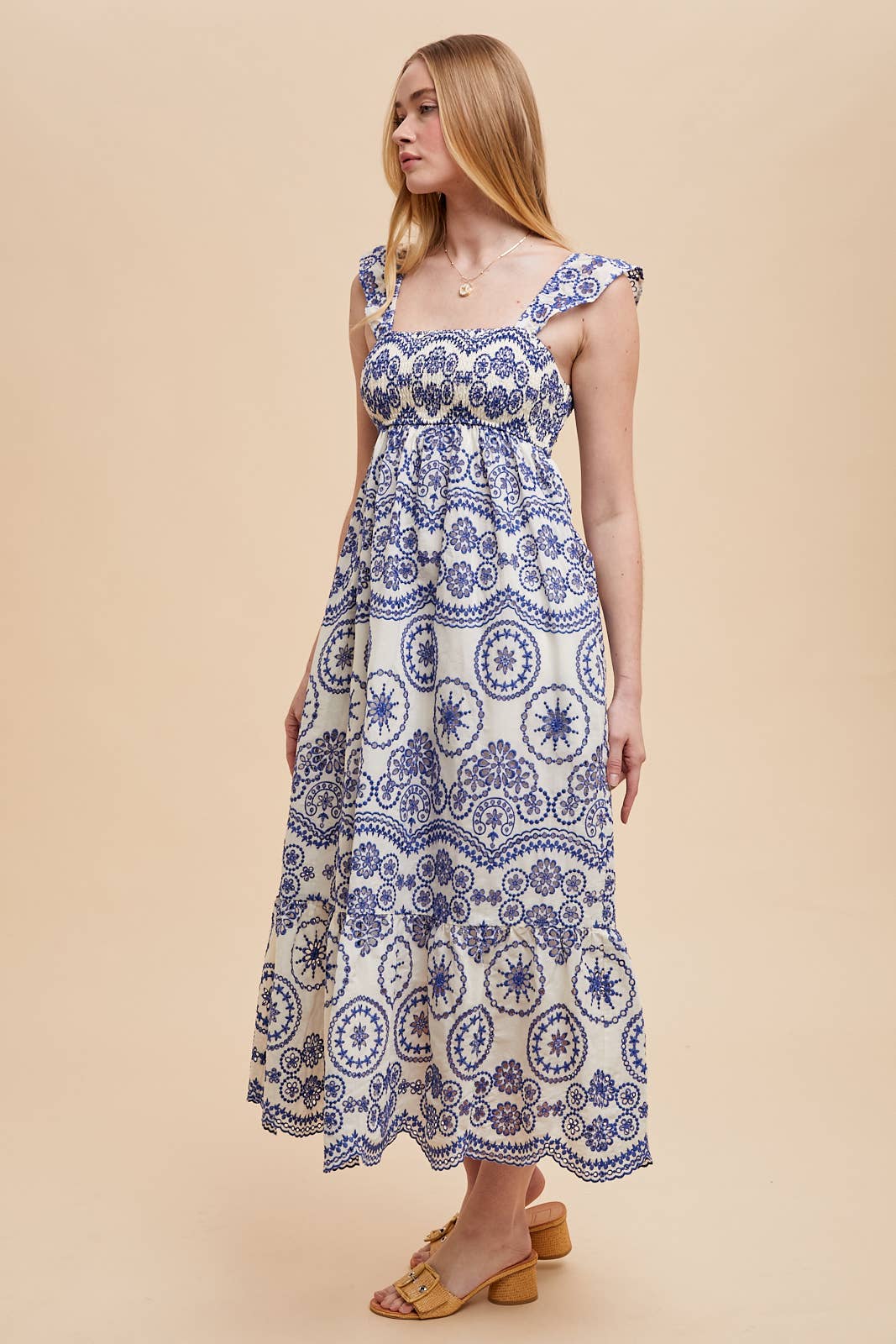 COTTON EMBROIDERED EYELET MAXI DRESS: SANTORINI / ILD6265