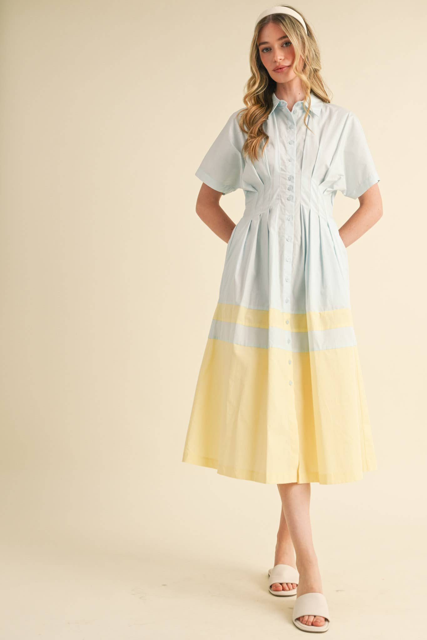 BUTTON DOWN PLEATED WAIST COLOR BLOCK MIDI DRESS MDR3556