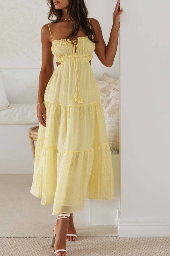 Solid bandeau strap backless swing maxi tiered dress: Blue / RCJY00340-Blue